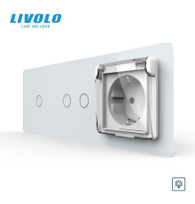 Сенсорний димер LIVOLO 3 сенсори (1-2) з розеткою IP44, кришка, 16A 230V, заземлення, білий 2.5D скло