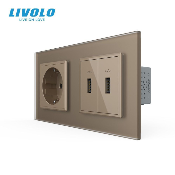 Розетка з заземленням з 2 USB розетками LIVOLO золота матова скло · LIVOLO · VL-C7FCTC16A/FCUA/FCUA-4AS06