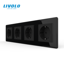 Чотиримісна електрична розетка з заземленням LIVOLO, чорна, скляна 2.5D рамка, шторки, 250В 16А