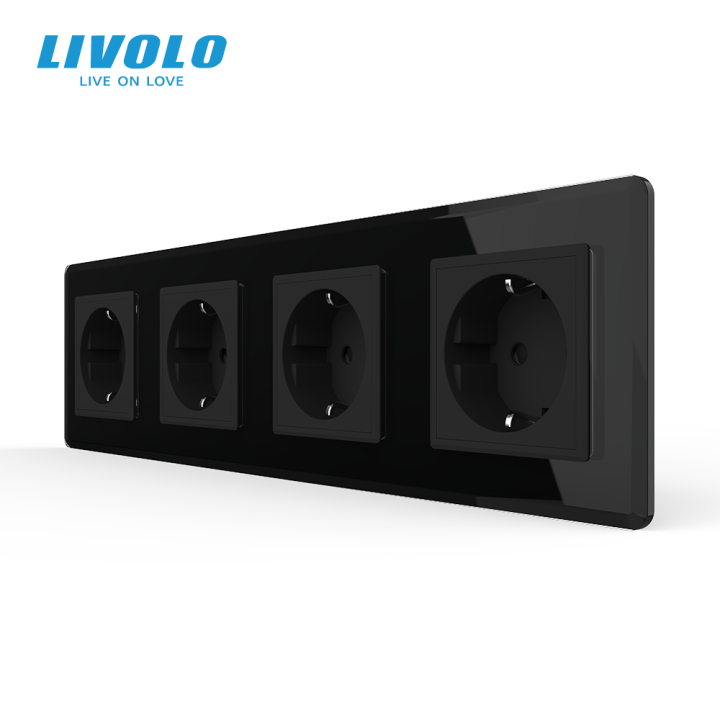 Чотиримісна електрична розетка з заземленням LIVOLO, чорна, скляна 2.5D рамка, шторки, 250В 16А · LIVOLO · VL-C7FCTC16A-8BS05