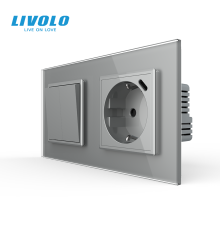 Двоклавішний перехресний вимикач LIVOLO з розеткою та USB Type-C 18Вт, сірий, скло, заземлення
