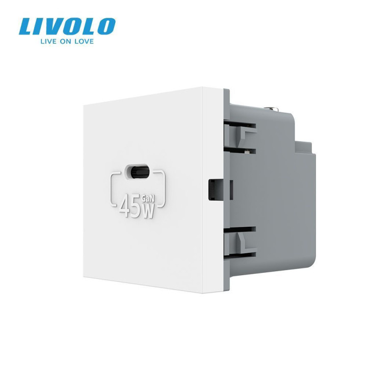 USB Type-C розетка LIVOLO, PD 45W, Power Delivery, швидка зарядка, біла, модуль (VL-FCUC-2WP) · LIVOLO · VL-FCUC-2WP