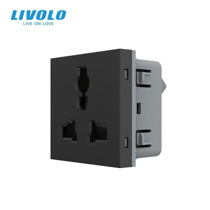 Універсальна розетка LIVOLO 12-в-1, з заземленням і шторками, чорна, 16А 250В, модуль (VL-FCT22 16A-2BP) · LIVOLO · VL-FCT22 16A-2BP
