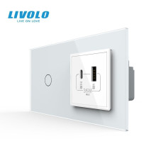 Сенсорний (дотиковий) прохідний вимикач LIVOLO з розеткою USB-A + USB-C 36Вт білий скляна рамка