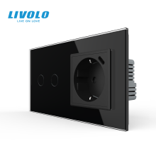Сенсорний димер LIVOLO на 2 сенсори з розеткою та USB Type-C 18Вт, чорний, розетка 16А 230В із заземленням
