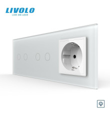 Сенсорний димер LIVOLO 4 сенсори (2-2) з розеткою, білий матовый, скло, 16A 230V, із заземленням, захисні шторки