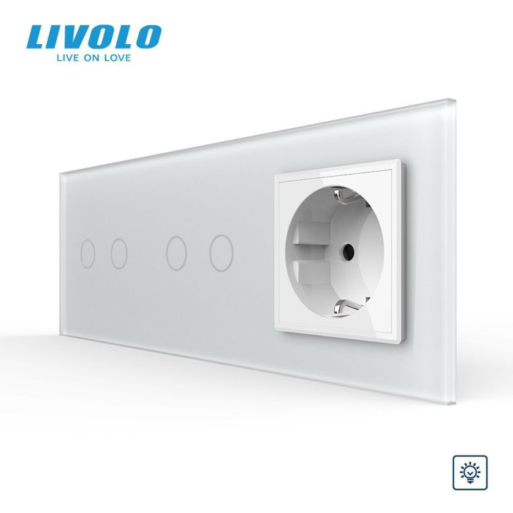Сенсорний димер LIVOLO 4 сенсори (2-2) з розеткою, білий матовый, скло, 16A 230V, із заземленням, захисні шторки · LIVOLO · VL-C7FC2D/FC2D/FCTC16A-6WS06