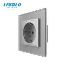 Електрична розетка з заземленням LIVOLO, сіра, скляна матова рамка, шторки, 250В 16А · LIVOLO · VL-C7FCTC16A-2IS06