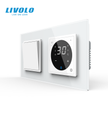 Терморегулятор для електричної теплої підлоги + вимикач LIVOLO, білий скляний, в одній рамці (VL-C7FCMKSQ1-4WP)