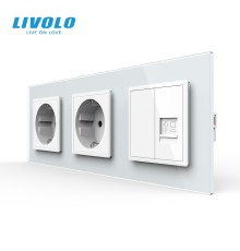 Розетка тримісна комбінована Силова Інтернет Livolo білий скло (VL-C7C2EU1CK0-11)