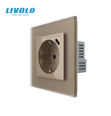 Електрична розетка з USB Type-C 18Вт для зарядки, з заземленням, LIVOLO, золота, скляна матова рамка, 250В 16А