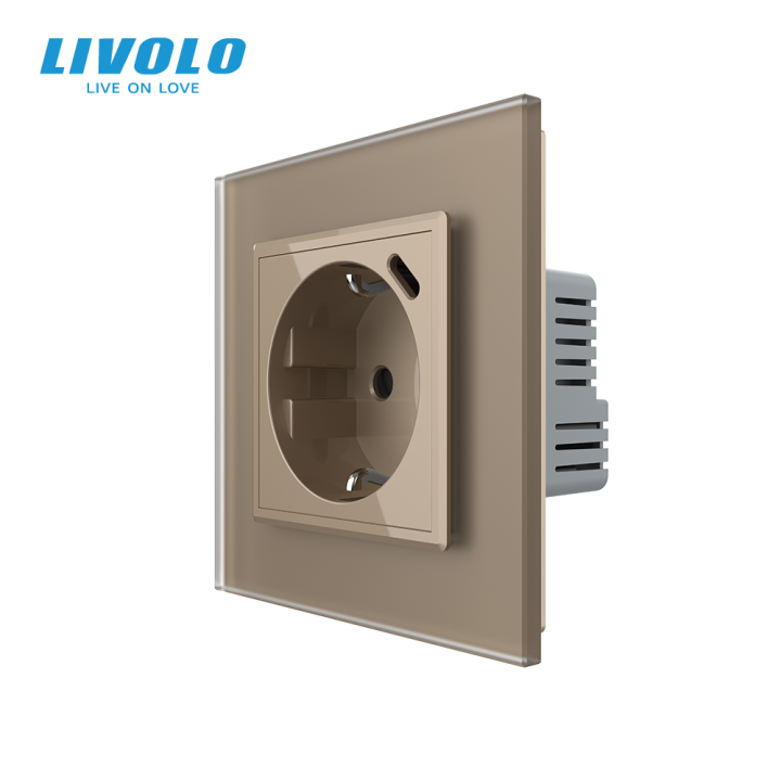 Електрична розетка з USB Type-C 18Вт для зарядки, з заземленням, LIVOLO, золота, скляна матова рамка, 250В 16А · LIVOLO · VL-C7CTF16A.UC18W-2AS06