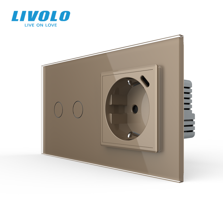 Сенсорний подвійний прохідний вимикач LIVOLO з розеткою та USB Type-C 18Вт, золотий, скло, із заземленням · LIVOLO · VL-C7FC2S/FCTF16A.UC18W-4AP