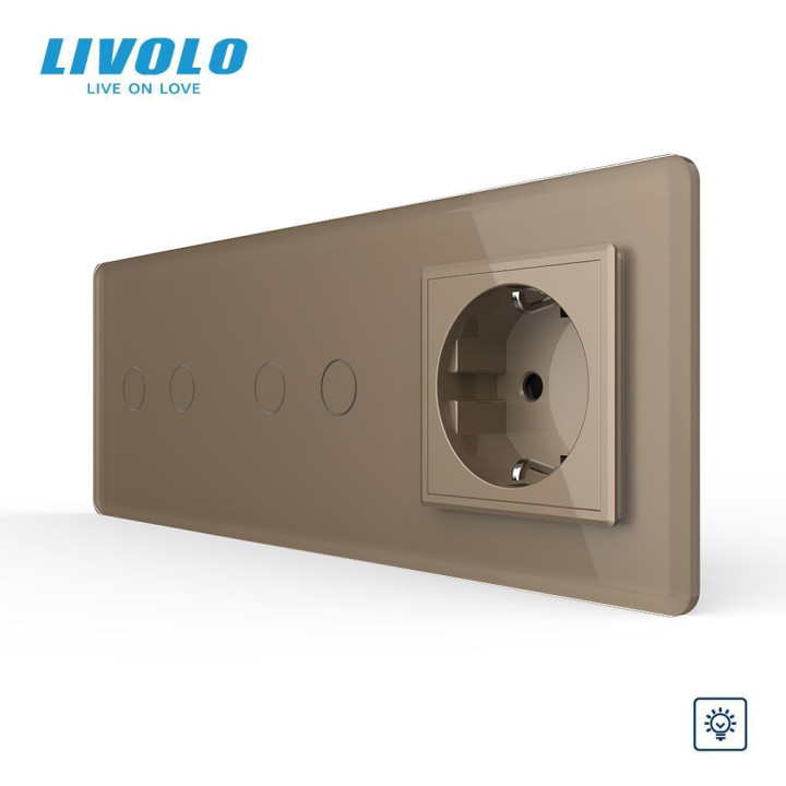 Сенсорний димер LIVOLO 4 сенсори (2-2) з розеткою, золотий 2.5D, скло, 16A 230V, із заземленням, захисні шторки · LIVOLO · VL-C7FC2D/FC2D/FCTC16A-6AS05