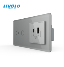 Сенсорний (дотиковий) подвійний вимикач LIVOLO з розеткою USB-A + USB-C 36Вт сірий 2.5D скло