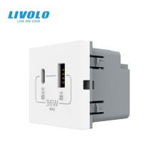 Розетка LIVOLO USB-A + USB-C PD 36Вт, біла, швидке заряджання, Power Delivery QC 3.0, модуль (VL-FCUA18W.UC18W-2WP)