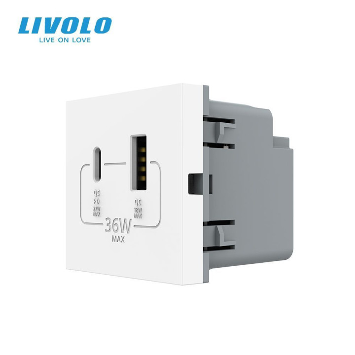 Розетка LIVOLO USB-A + USB-C PD 36Вт, біла, швидке заряджання, Power Delivery QC 3.0, модуль (VL-FCUA18W.UC18W-2WP) · LIVOLO · VL-FCUA18W.UC18W-2WPS24
