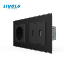 Розетка з заземленням з 2 USB розетками LIVOLO чорна матова скло