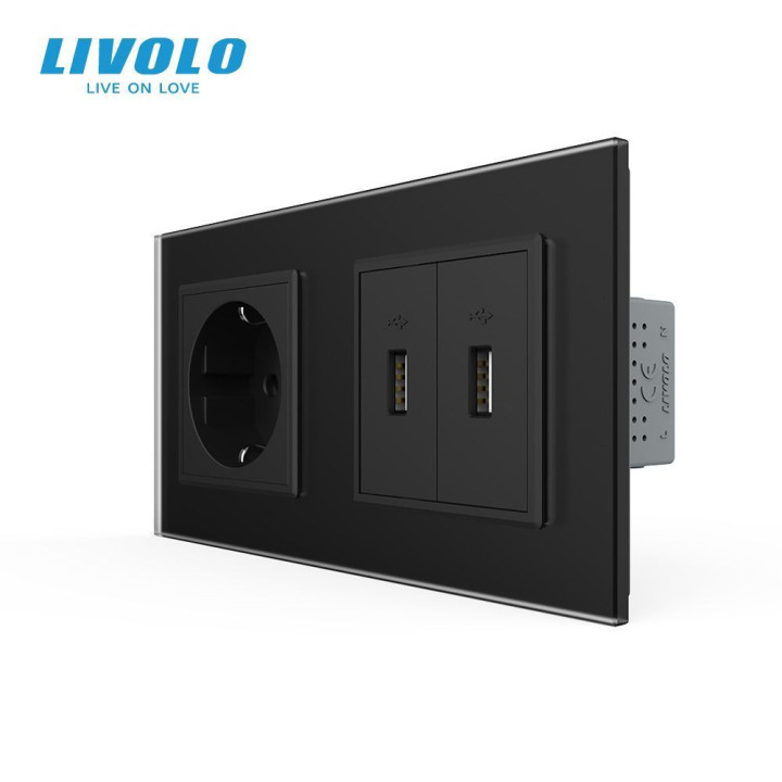 Розетка з заземленням з 2 USB розетками LIVOLO чорна матова скло · LIVOLO · VL-C7FCTC16A/FCUA/FCUA-4BS06