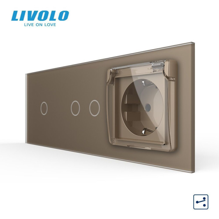 Прохідний сенсорний вимикач 3 сенсори (1-2) з розеткою з кришкою IP44, заземлення, шторки, LIVOLO золотий матовый скло · LIVOLO · VL-C7FC1S/FC2S/FCTC16A/XW001-6AS06