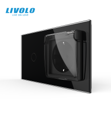 Сенсорний вимикач + розетка вологозахисна з кришкою IP44, з заземленням, чорна скляна рамка, шторки, LIVOLO (VL-C701/C7C1EUWF-12)