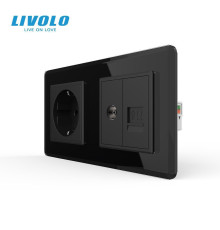 Розетка двомісна комбінована Силова Інтернет ТБ LIVOLO чорна 2.5D скло