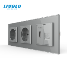 Розетка LIVOLO з USB 18Вт, HDMI і Інтернет RJ-45, із заземленням, шторки, сіра, скляна рамка, 250В 16А