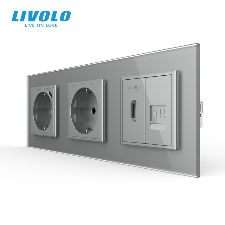 Розетка LIVOLO з USB 18Вт, HDMI і Інтернет RJ-45, із заземленням, шторки, сіра, скляна рамка, 250В 16А · LIVOLO · VL-C7FCTC16A/CTF16A.UC18W/FCHD/FCCP-6IP