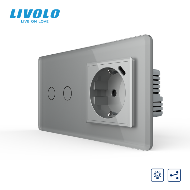 Прохідний сенсорний димер LIVOLO на 2 сенсори з розеткою та USB Type-C 18Вт, сірий 2.5D, заземлення · LIVOLO · VL-C7FC2SD/FCTF16A.UC18W-4IS05