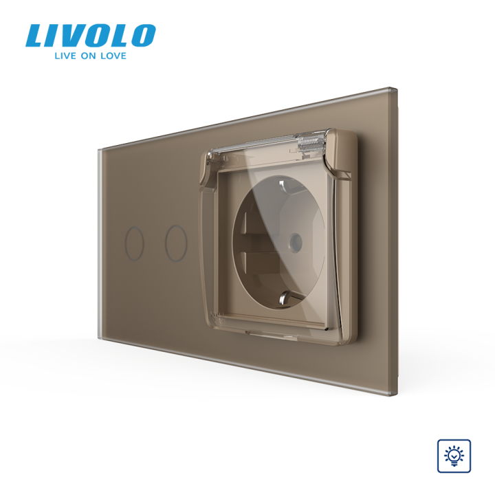 Сенсорний димер LIVOLO 2 сенсори з розеткою IP44 золотий матовый, 16A 230V із заземленням, шторки · LIVOLO · VL-C7FC2D/FCTC16A/XW001-4AS06