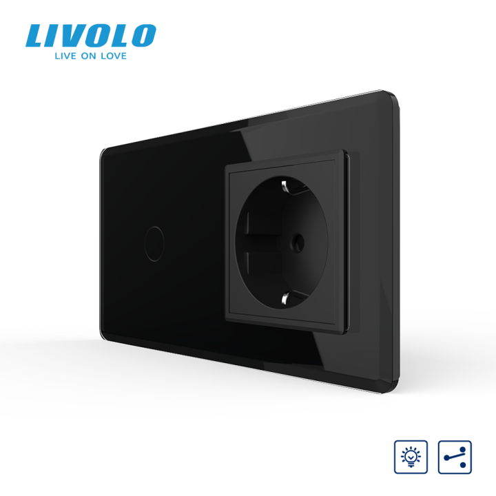 Сенсорний прохідний димер з розеткою LIVOLO 16А 230В із заземленням, шторки, чорний 2.5D, скло · LIVOLO · VL-C7FC1SD/FCTC16A-4BS05