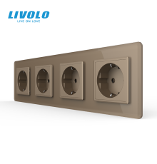 Чотиримісна електрична розетка з заземленням LIVOLO, золота, скляна 2.5D рамка, шторки, 250В 16А