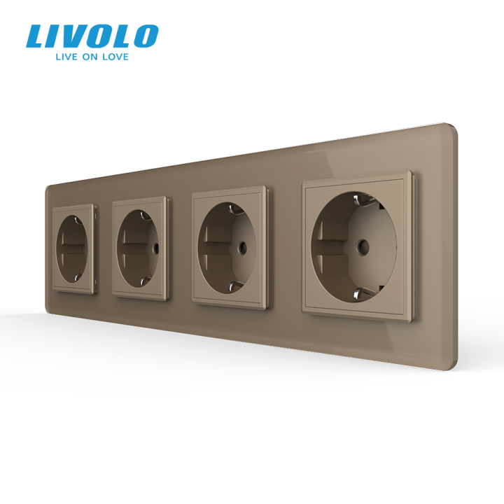 Чотиримісна електрична розетка з заземленням LIVOLO, золота, скляна 2.5D рамка, шторки, 250В 16А · LIVOLO · VL-C7FCTC16A-8AS05