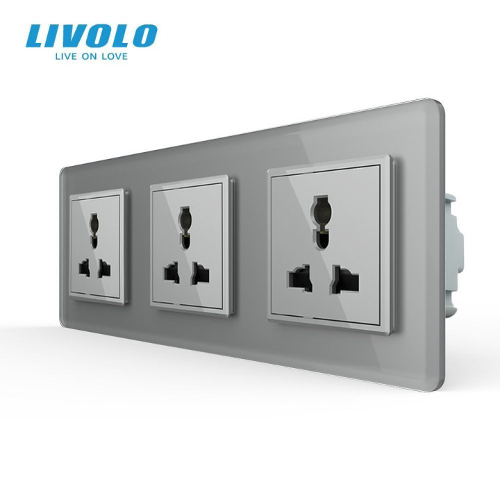 Розетка тримісна універсальна LIVOLO сіра 2.5D скло · LIVOLO · VL-C7FCT22-6IS05