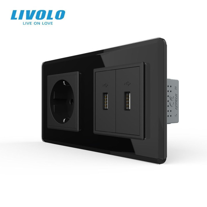 Розетка з заземленням з 2 USB розетками LIVOLO чорна 2.5D скло · LIVOLO · VL-C7FCTC16A/FCUA/FCUA-4BS05