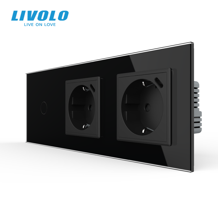 Сенсорний димер LIVOLO з двома розетками з USB Type-C 18Вт, чорний матовый, скло, 16A 230V, із заземленням, шторки · LIVOLO · VL-C7FC1D/FCTF16A.UC18W/FCTF16A.UC18W-6BS06