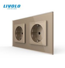 Подвійна електрична розетка з заземленням LIVOLO, золота, скляна рамка, шторки, 250В 16А (VL-C7C2EU-13)