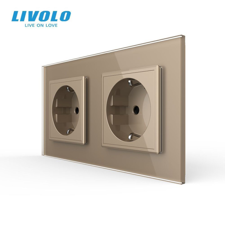 Подвійна електрична розетка з заземленням LIVOLO, золота, скляна рамка, шторки, 250В 16А (VL-C7C2EU-13) · LIVOLO · VL-C7FCTC16A-4AP