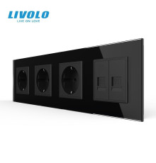 Розетка чотиримісна з двома інтернет портами RJ-45, LIVOLO чорна, настінна дизайнерська, скляна рамка