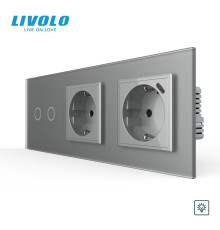 Подвійний сенсорний димер LIVOLO з розеткою та розеткою з USB Type-C 18Вт, заземлення, сірий матовый, скло, 16A 230V