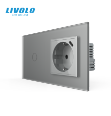 Сенсорний вимикач LIVOLO з розеткою та USB Type-C 18Вт, сірий матовый, скло, із заземленням і шторками, 16А 230В