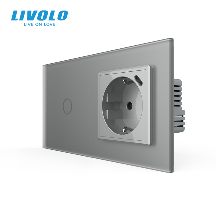 Сенсорний вимикач LIVOLO з розеткою та USB Type-C 18Вт, сірий матовый, скло, із заземленням і шторками, 16А 230В · LIVOLO · VL-C7FC1/FCTF16A.UC18W-4IS06