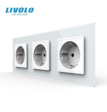 Потрійна електрична розетка з заземленням LIVOLO, біла, скляна рамка, шторки, 250В 16А (VL-C7C3EU-11)