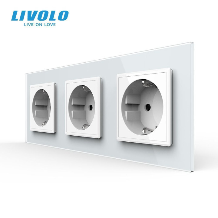 Потрійна електрична розетка з заземленням LIVOLO, біла, скляна рамка, шторки, 250В 16А (VL-C7C3EU-11) · LIVOLO · VL-C7FCTC16A-6WP