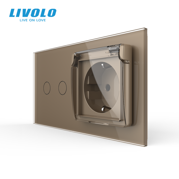 Сенсорний димер LIVOLO 2 сенсори з розеткою IP44 золотий, 16A 230V із заземленням, шторки · LIVOLO · VL-C7FC2D/FCTC16A/XW001-4AP