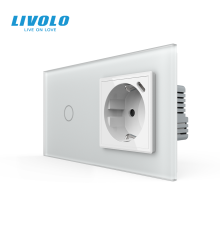 Сенсорний вимикач LIVOLO з розеткою та USB Type-C 18Вт, білий матовый, скло, із заземленням і шторками, 16А 230В
