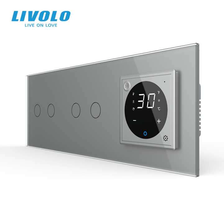 Терморегулятор + прохідний сенсорний димер 4 сенсори (2-2) LIVOLO, сірий скляний · LIVOLO · VL-C7FC2SD/FC2SD/FCQ1-6IP