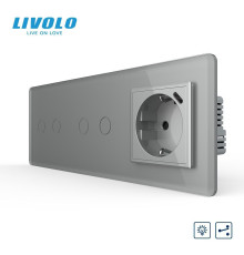 Прохідний сенсорний димер LIVOLO 4 сенсори (2-2) з розеткою з USB Type-C 18Вт, сірий 2.5D скло, заземлення
