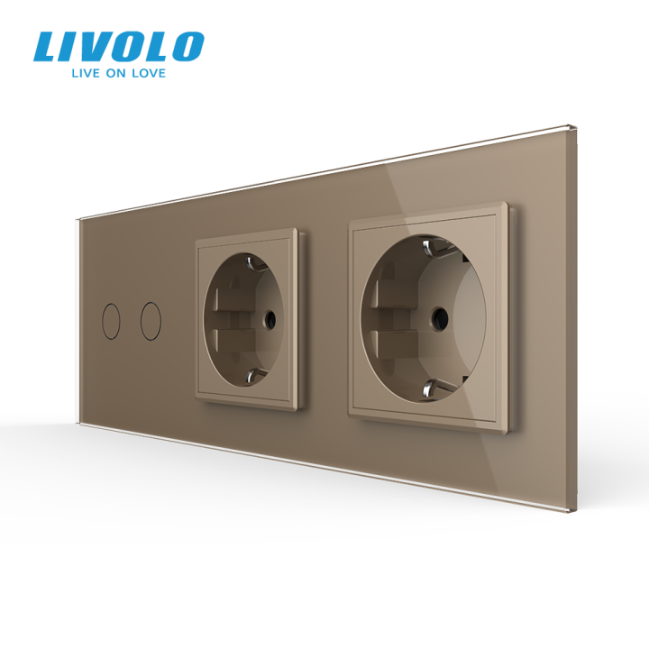 Сенсорний прохідний димер LIVOLO 2 сенсори з 2 розетками, золотий, скло, 2A 230V · LIVOLO · VL-C7FC2SD/FCTC16A/FCTC16A-6AP