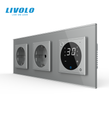 Терморегулятор сенсорний для теплої підлоги LIVOLO з розеткою заземлення, сіра, скляна рамка, 250В 16А
